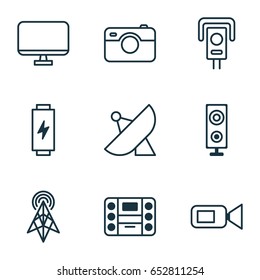 Device Icons Set. Collection Of Wireless Router, Speaker, Antenna And Other Elements. Also Includes Symbols Such As Video, Camcorder, Megaphone.