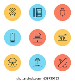 Device Icons Set. Collection Of Work Phone, Ventilator, Switch And Other Elements. Also Includes Symbols Such As Switch, Camera, Sputnik.