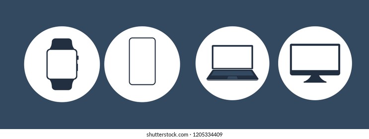 Device Icons. Set of computer monitor, laptop, smart watch, tablet and mobile phone icon. Vector isolated simple electronic gadgets.