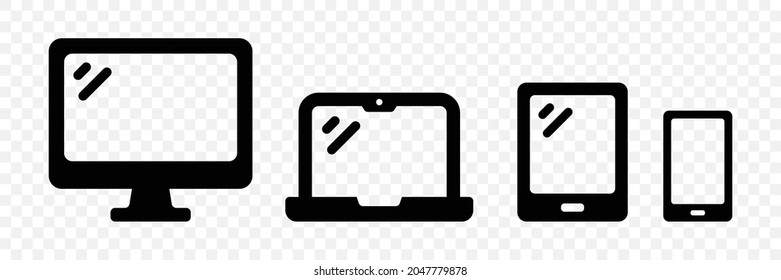 Device icons set. Containing desktop computer, laptop, smartphone and tablet icon on transparent background.