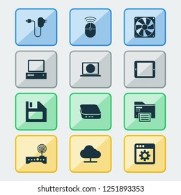 Device icons set with control device, tablet, floppy disk and other plug elements. Isolated vector illustration device icons.