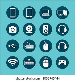 Device icons set. Electronic devices icon set. Smartphone, Tablet, Laptop, Desktop computer, PC, Photo camera, Speakers, Headphones, Keyboard, Computer mouse, Wi-Fi symbol. Vector. Flat style.