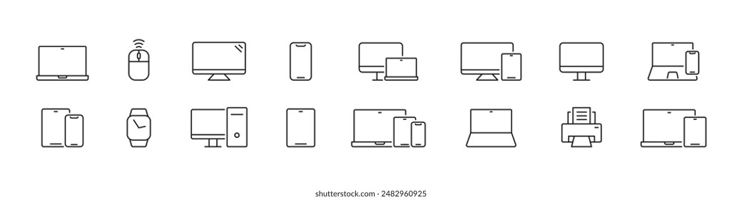 Device icons set. Electronic devices, technology, computers, mobile phones. Vector.