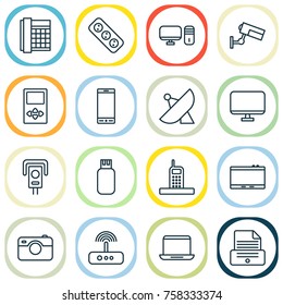 Device Icons Set With Gadget, Photo Apparatus, Antenna And Other Printer Elements. Isolated Vector Illustration Device Icons.