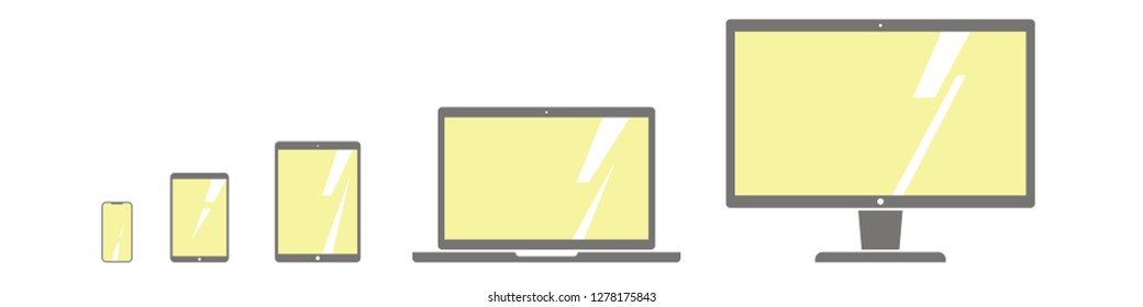 Device icons set: gadgets, screens, display, computer,smartphone, tablet pc, laptop and desktop computer, electronic book, with blank screen isolated. Communication. Vector illustration