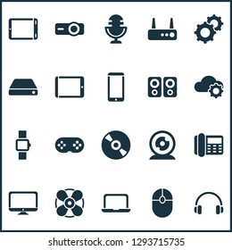 Device icons set with hard drive, joystick, router and other click elements. Isolated vector illustration device icons.