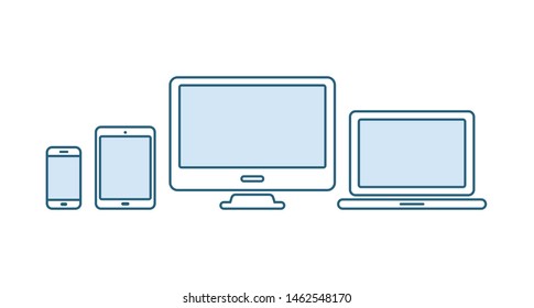 Device icons set. Laptop, computer, desktop pc, tablet, smartphone. Office and home digital gadget. Black symbol for web design. Isolated vector illustratin in white background. Flat style.