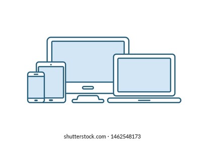 Device icons set. Laptop, computer, desktop pc, tablet, smartphone. Office and home digital gadget. Black symbol for web design. Isolated vector illustratin in white background. Flat style.