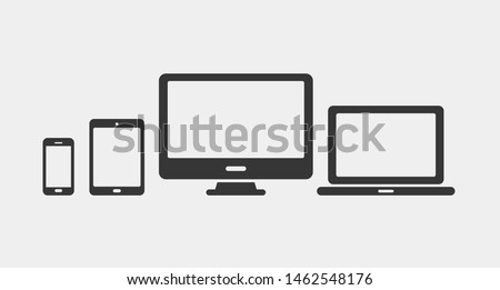 Device icons set. Laptop, computer, desktop pc, tablet, smartphone. Office and home digital gadget. Black symbol for web design. Isolated vector illustratin in white background. Flat style.