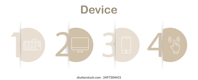 Conjunto de iconos de dispositivo. Ordenador portátil, tableta, webcam, ratón del ordenador, smartwatch, teclado, router, auriculares, monitor, pantalla táctil, smartphone. Ilustraciones de tecnología lineal
