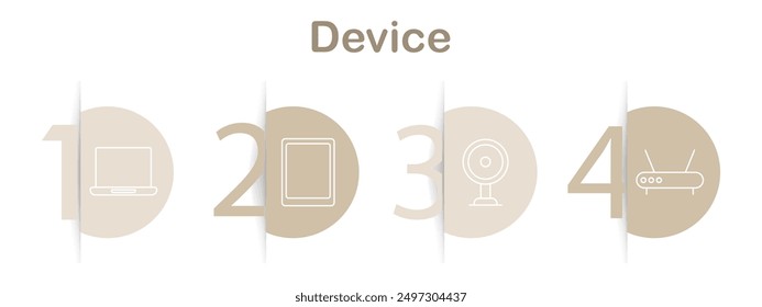 Device icons set. Laptop, tablet, webcam, computer mouse, smartwatch, keyboard, router, headphones, monitor, touch screen, smartphone. Linear technology illustrations