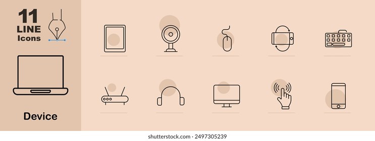 Conjunto de iconos de dispositivo. Ordenador portátil, tableta, webcam, ratón del ordenador, smartwatch, teclado, router, auriculares, monitor, pantalla táctil, smartphone. Ilustraciones de tecnología lineal
