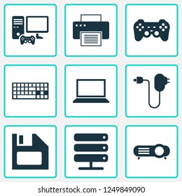 Device icons set with notebook, floppy disk, gamepad and other joystick elements. Isolated vector illustration device icons.