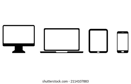 Device icons set on white background. Phone, tablet, monitor, laptop icons. Modern black devices.