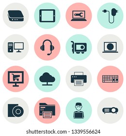 Device icons set with printing machine, disc, printer and other printing machine elements. Isolated vector illustration device icons.