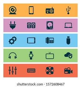 Device icons set with setting, fan, flash drive and other fm
 elements. Isolated vector illustration device icons.
