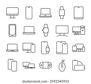 Device icons set in simple thin line. Collection of icons related to gadgets, including smart phone, PC, laptop, mouse, smart watch, android TV, etc. Vector Illustration. Editable strike