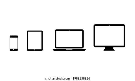 Conjunto de iconos de dispositivo: smartphone, tablet, laptop y computadora de escritorio