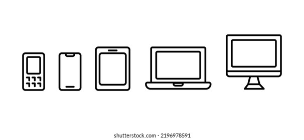 Device icons set. Smartphone, tablet, laptop, desktop, handphone, computer symbol. Thin line devices. Line style icon - stock vector.