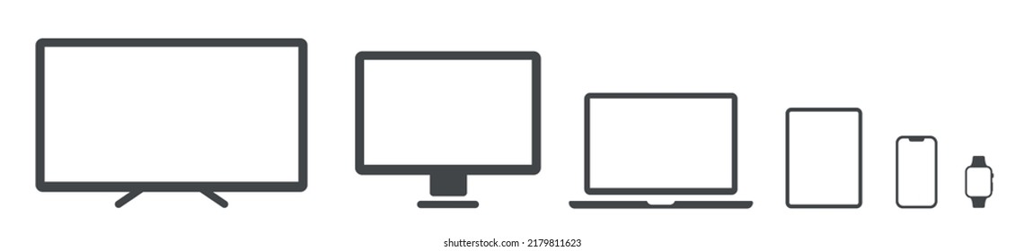 Iconos de dispositivo configurado. Icono de ajuste de dispositivos de tecnología. Icono vectorial de dispositivos electrónicos. Smartwatch, smartphone, tablet, laptop, computadora de escritorio y tv. Ilustración del vector