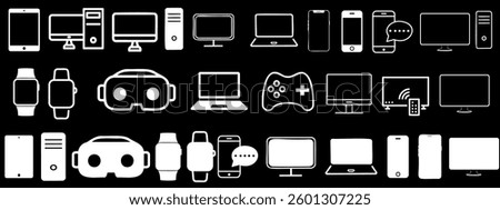 Device icons set, technology symbols, computer, laptop, smartphone, tablet, smartwatch, VR headset, game controller, monitor, desktop, TV, digital electronic