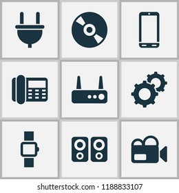 Device icons set with video camera, amplifier, telephone and other compact disc elements. Isolated vector illustration device icons.