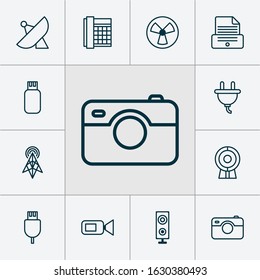 Device icons set with web cam, photographing, loudspeaker and other broadcast elements. Isolated vector illustration device icons.
