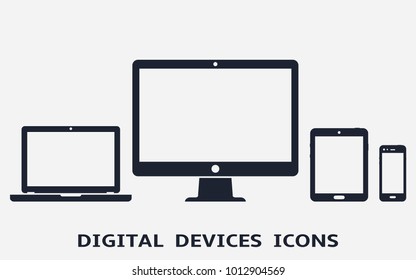 Device icons: smart phone, tablet, laptop and desktop computer. Vector illustration of responsive web design.