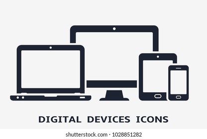 Device Icons: Smart Phone, Tablet, Laptop And Desktop Computer. Vector Illustration Of Responsive Web Design.