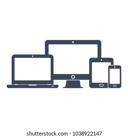 Device icons: smart phone, tablet, laptop and desktop computer. Vector illustration of responsive web design.