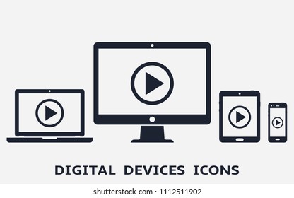 Device icons: smart phone, tablet, laptop and desktop computer with play button on screen. Vector illustration of responsive web design.