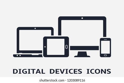 Device icons: smart phone, tablet, laptop and desktop computer. Vector illustration of responsive web design.