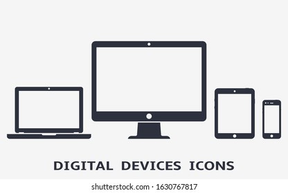 Device icons: smart phone, tablet, laptop and desktop computer. Vector illustration of responsive web design.