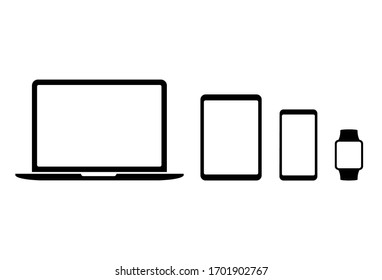 Device icons: smart phone, tablet, laptop and smart watch. Collection of modern digital devices. Vector illustration of responsive web design.