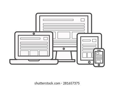 Device Icons: smart phone, tablet, laptop and desktop computer. Vector illustration of responsive web design with prototype.