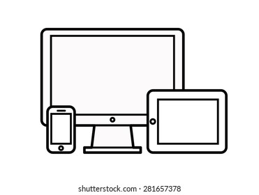 Device Icons: smart phone, tablet and desktop computer. Vector illustration of responsive web design.