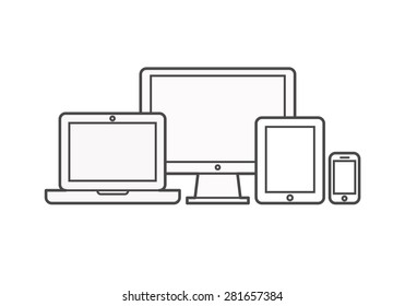 Device Icons: smart phone, tablet, laptop and desktop computer. Vector illustration of responsive web design.