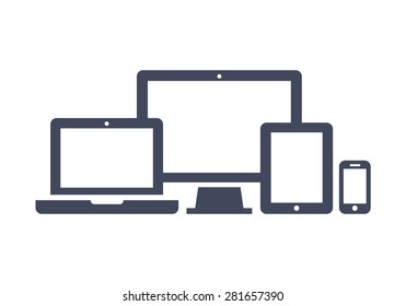 Device Icons: Smart Phone, Tablet, Laptop And Desktop Computer. Vector Illustration Of Responsive Web Design.