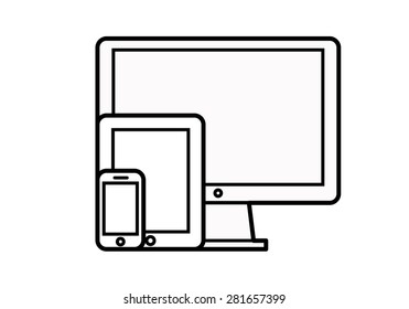 Device Icons: smart phone, tablet and desktop computer. Vector illustration of responsive web design.