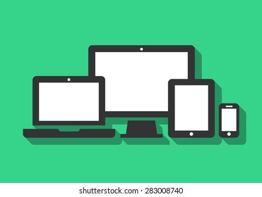 Device Icons: smart phone, tablet, laptop and desktop computer. Vector illustration of responsive web design.