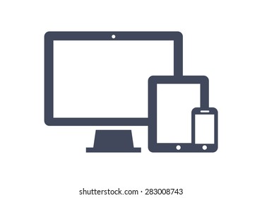 Device Icons: smart phone, tablet and desktop computer. Vector illustration of responsive web design.