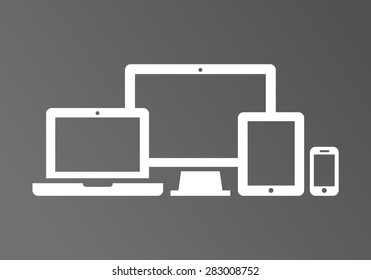 Device Icons: smart phone, tablet, laptop and desktop computer. Vector illustration of responsive web design.