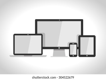 Device Icons: smart phone, tablet, laptop and desktop computer. Vector illustration of responsive web design.