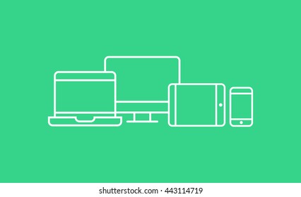 Device Icons: smart phone, tablet, laptop and desktop computer. Vector illustration of responsive web design.