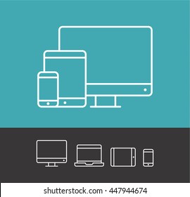 Device Icons: smart phone, tablet, notebook and desktop computer. Vector illustration of responsive web design.