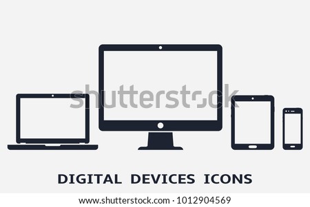 Device icons: smart phone, tablet, laptop and desktop computer. Vector illustration of responsive web design.