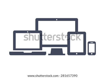 Device Icons: smart phone, tablet, laptop and desktop computer. Vector illustration of responsive web design.