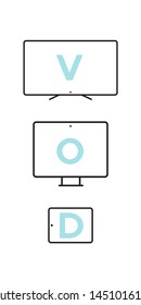 Device Icons: smart TV, desktop computer and tablet. Video on demand concept. Vector illustration, flat design