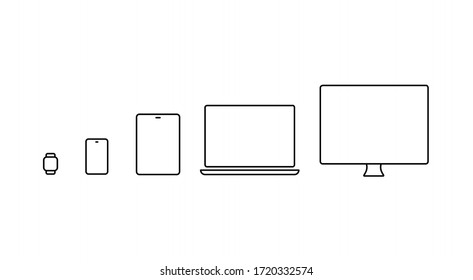 Device icons : smart watch, smartphone, tablet, laptop and desktop computer . Simple thin line vector illustration.