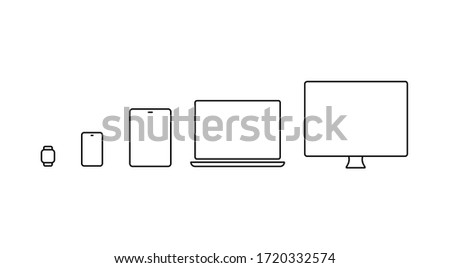 Device icons : smart watch, smartphone, tablet, laptop and desktop computer . Simple thin line vector illustration.